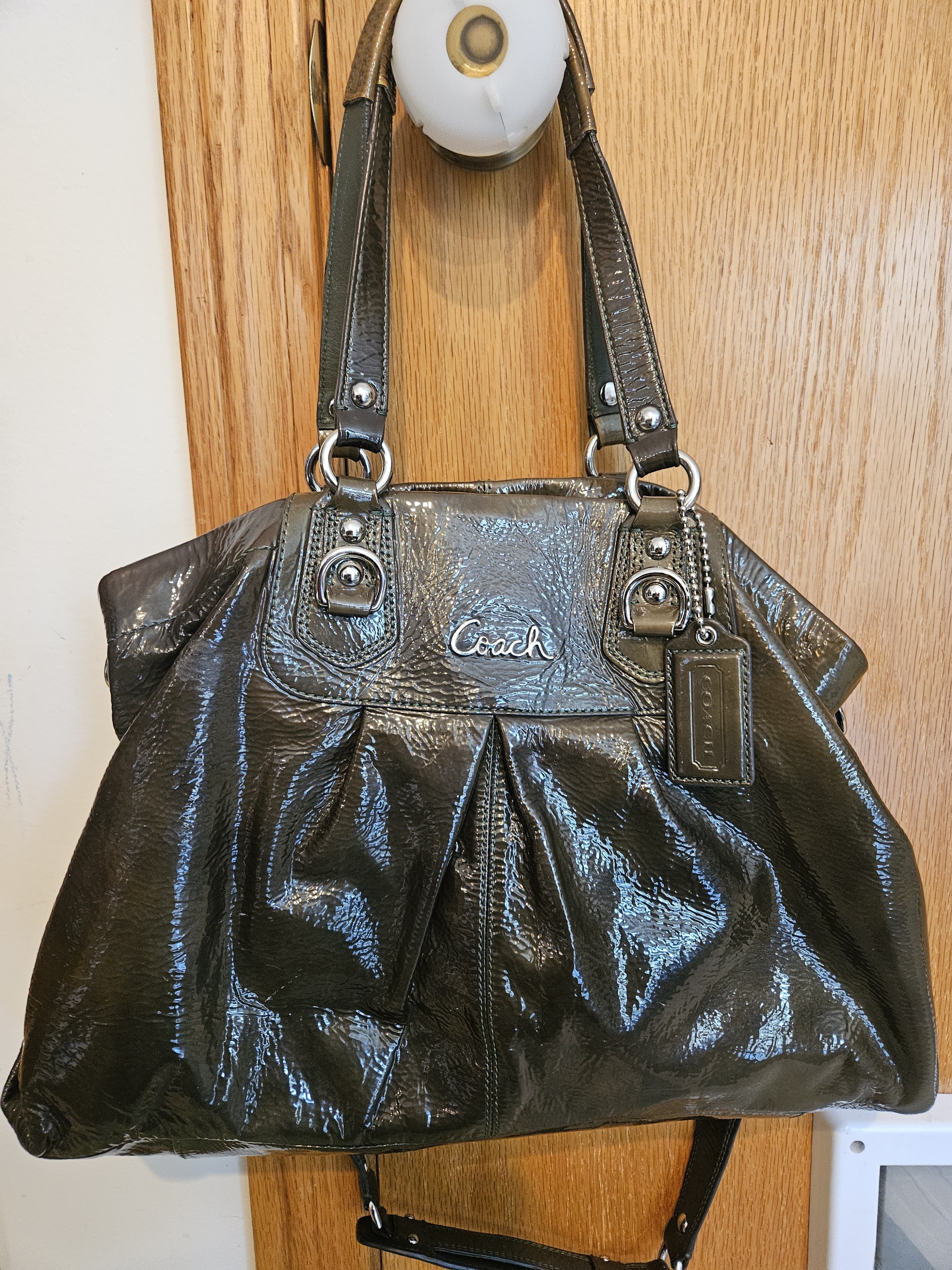 Coach Patent Leather Shoulder Bag In Dark Green